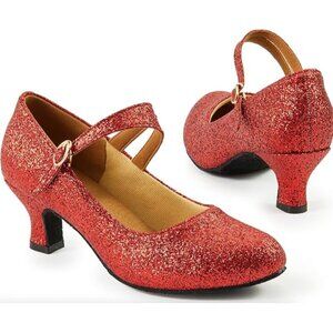 Miss Fiona Womens 5.5 Ballroom Dance Shoes Heels Red Glitter Suede Sole